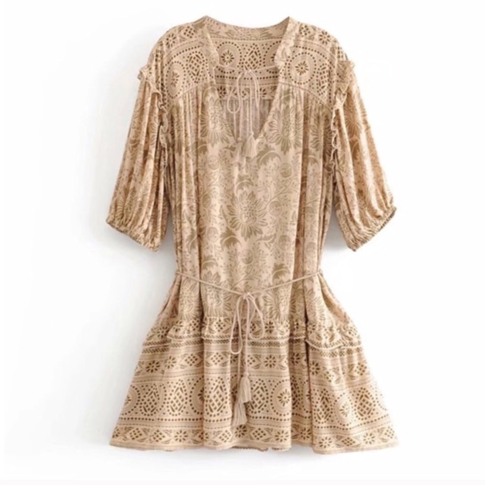 SOLD OUT Khaki Autumn Winds Boho Floral Mini Ruffle Dress - Picture 4 of 5